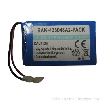 Li-ion, 3.7V, 650mAh, 1S1P, cell 423048A2, with PCM and PTC, lead out two wires